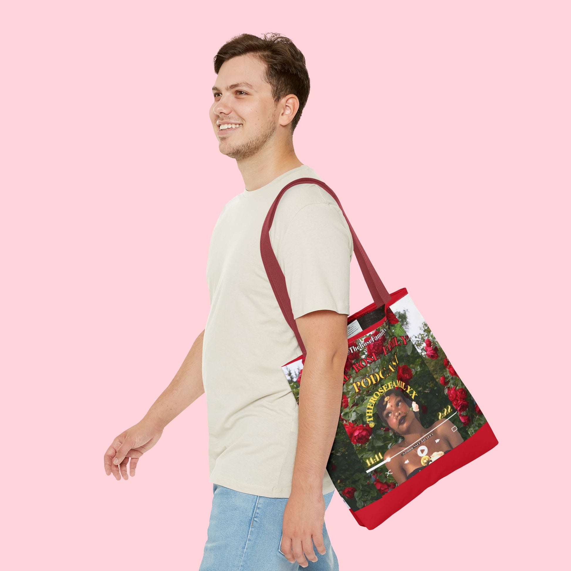 Podcast Rose Tote Bag — Floral Portrait All-Over Print Tote